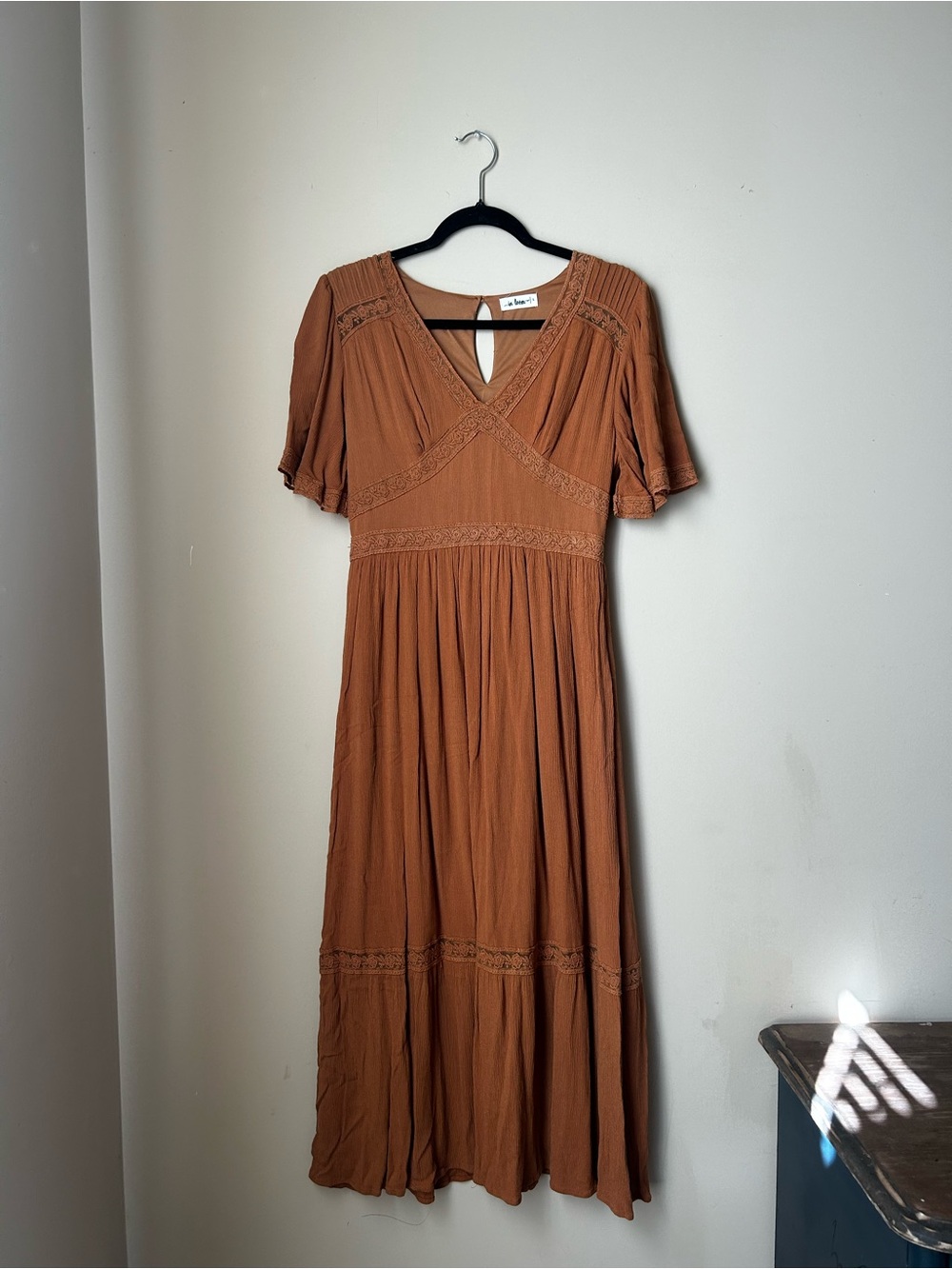 Women's Rust Maxi Dress with Lace Trim